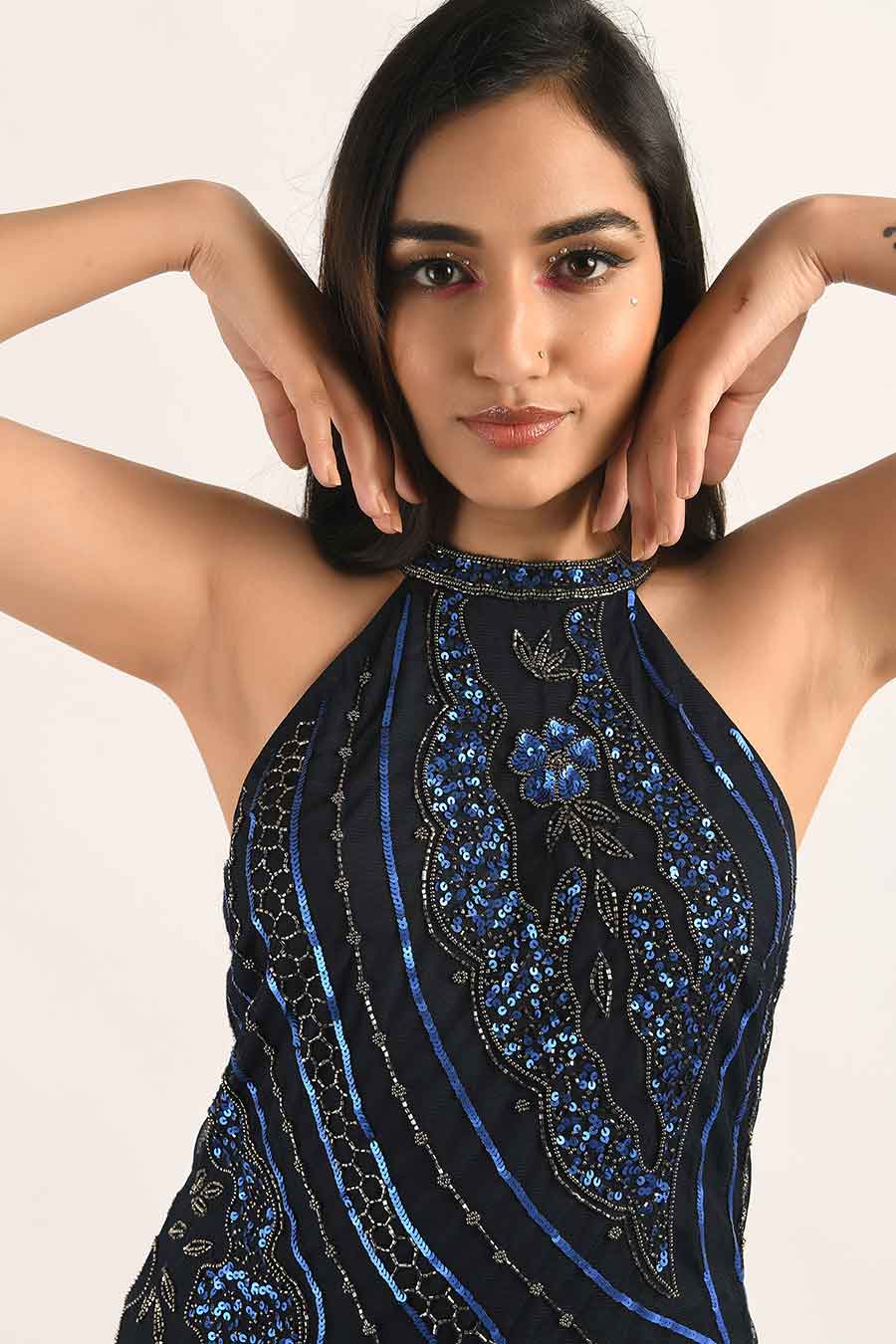 Blue Embellished Gown Dress