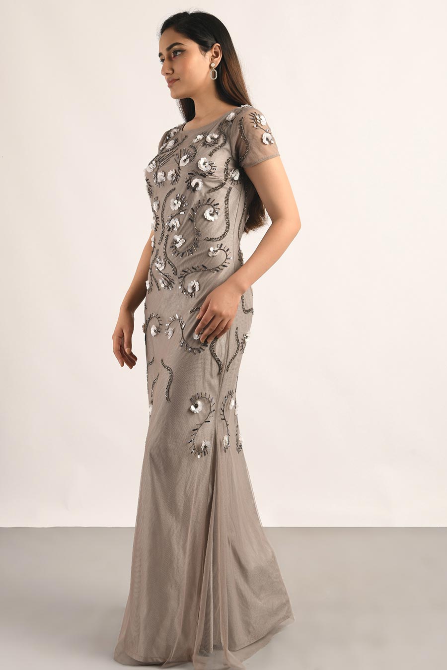 Beige Embellished Gown Dress