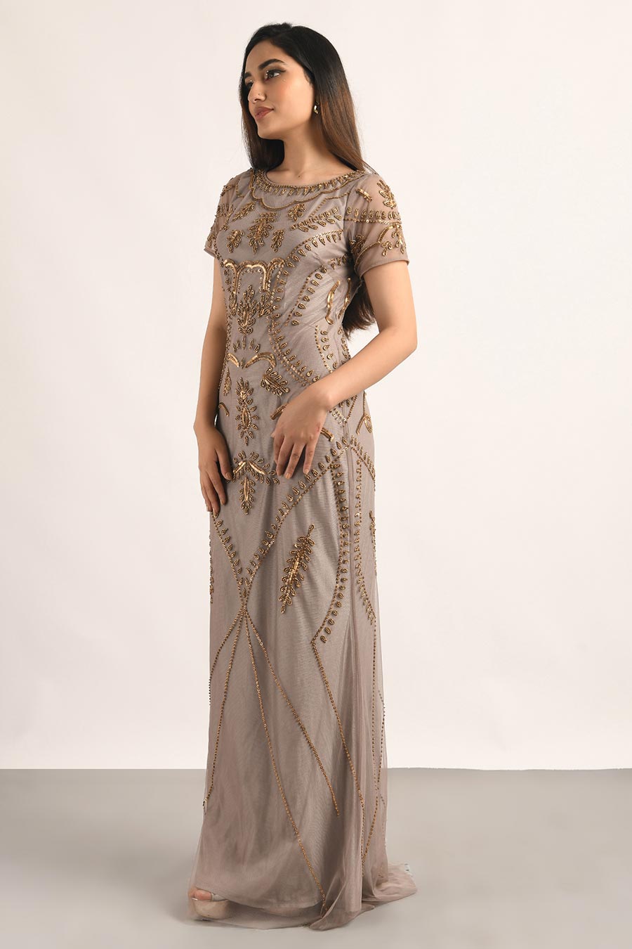 Beige Embellished Gown Dress