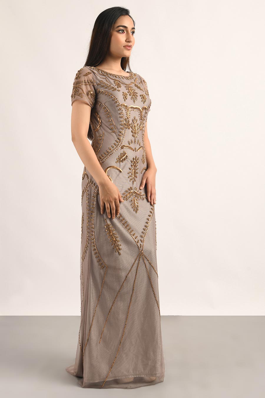 Beige Embellished Gown Dress