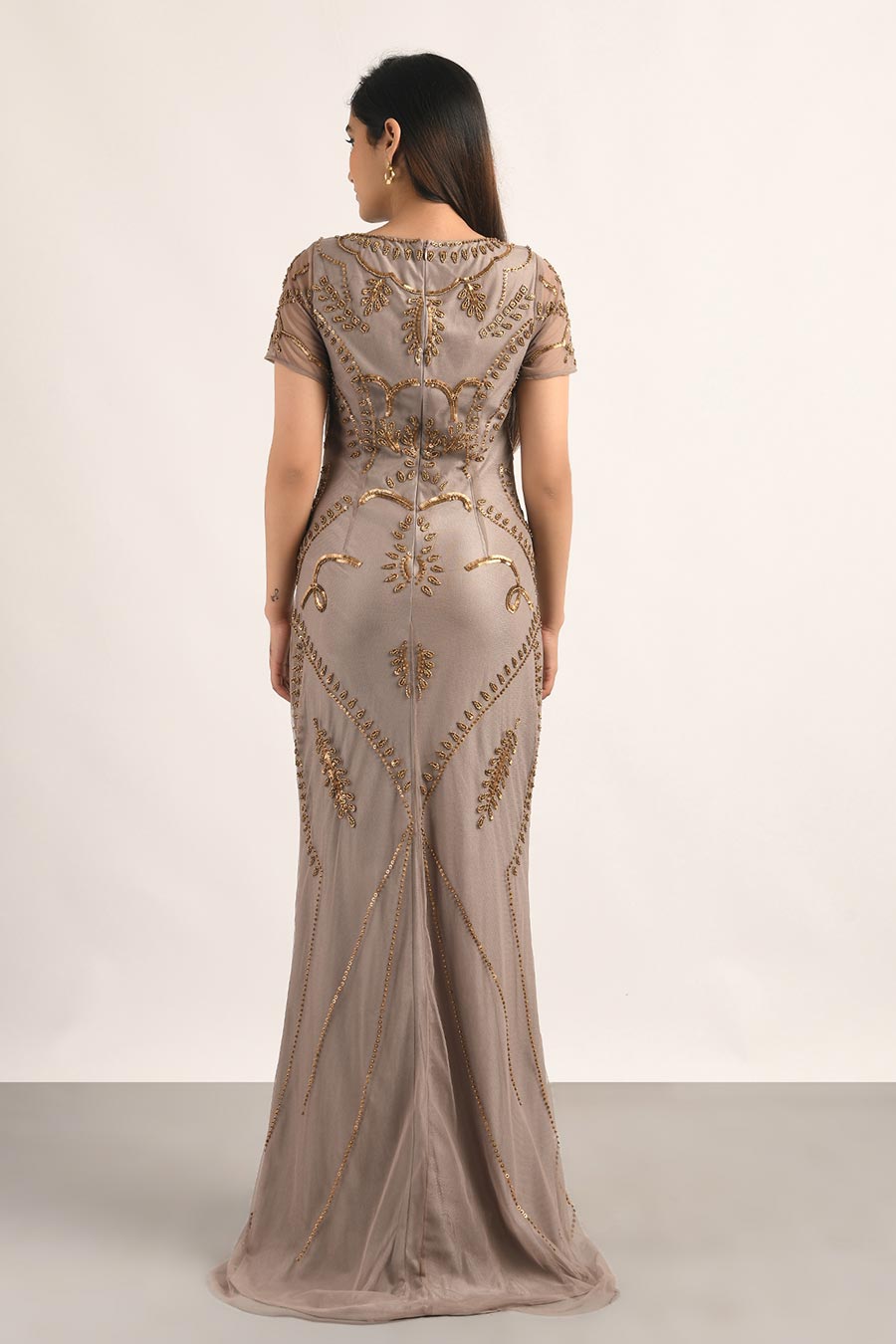 Beige Embellished Gown Dress