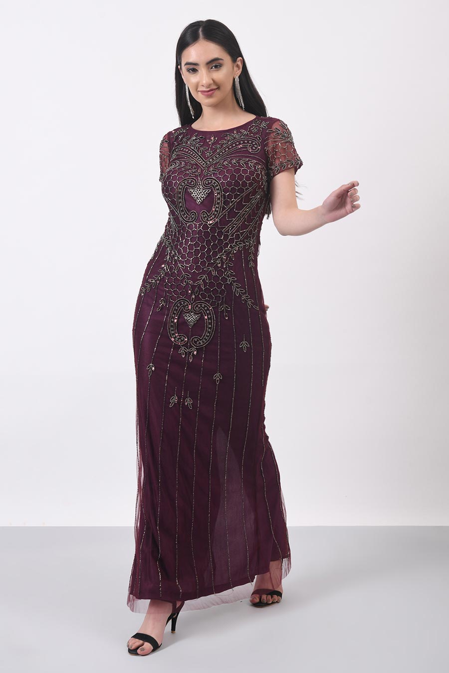 Wine Embroidered Gown Dress