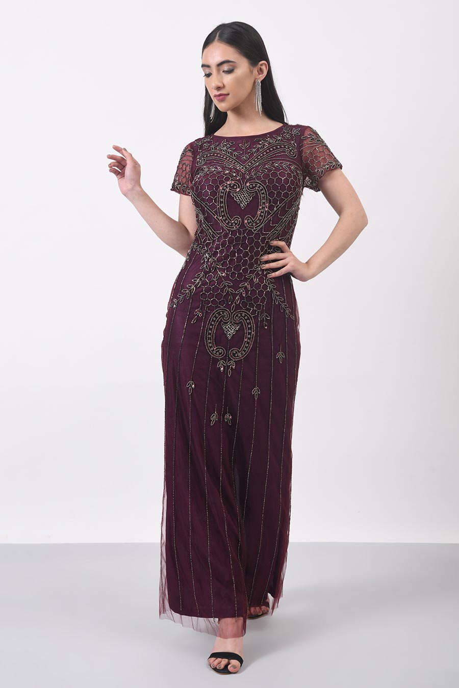Wine Embroidered Gown Dress