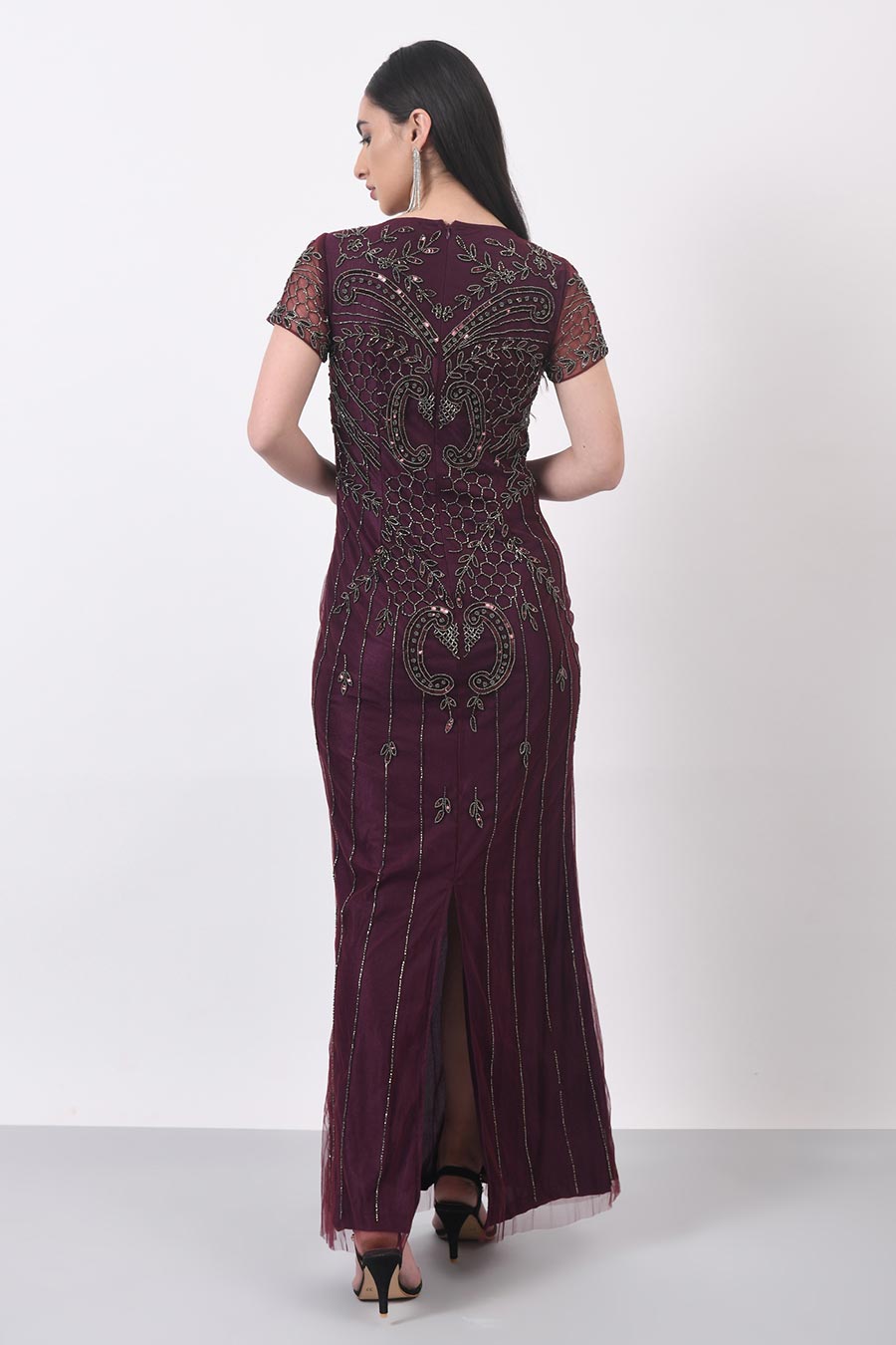Wine Embroidered Gown Dress