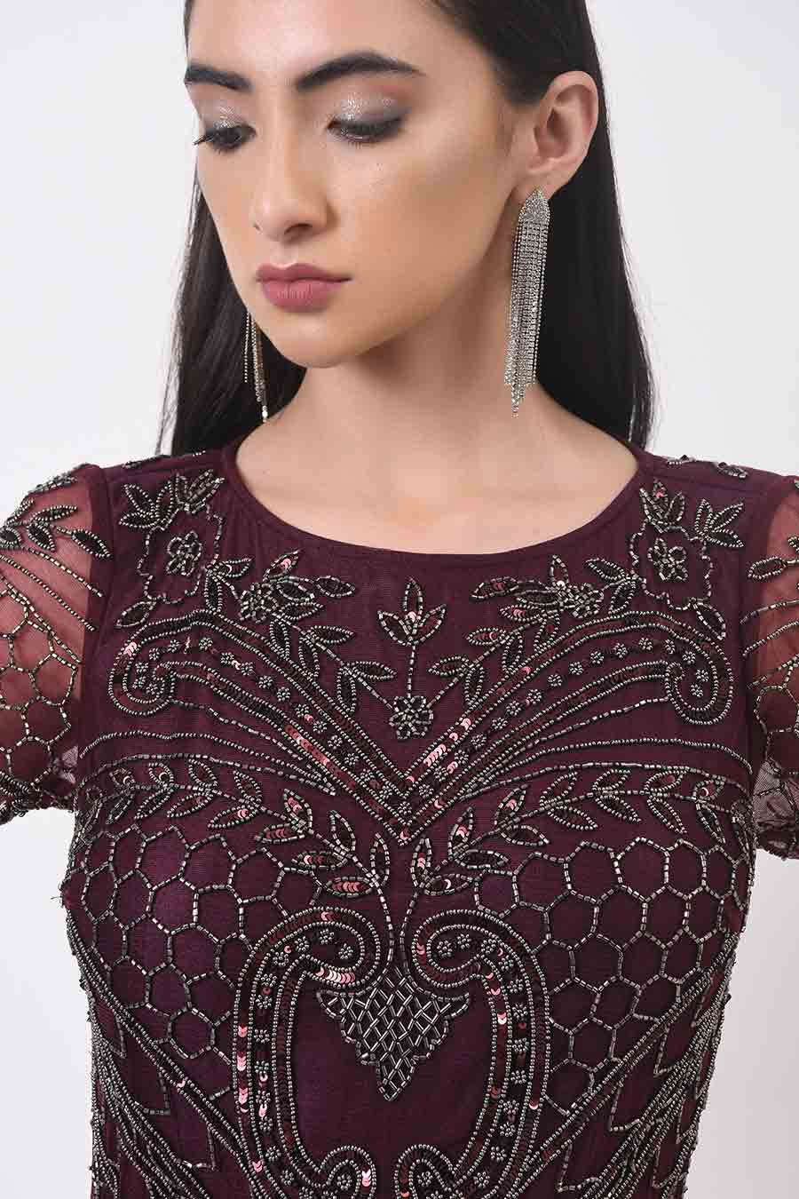 Wine Embroidered Gown Dress