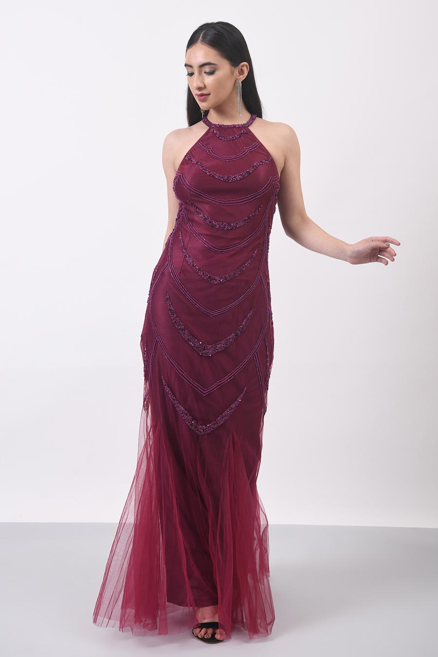 Wine Embellished Gown Dress