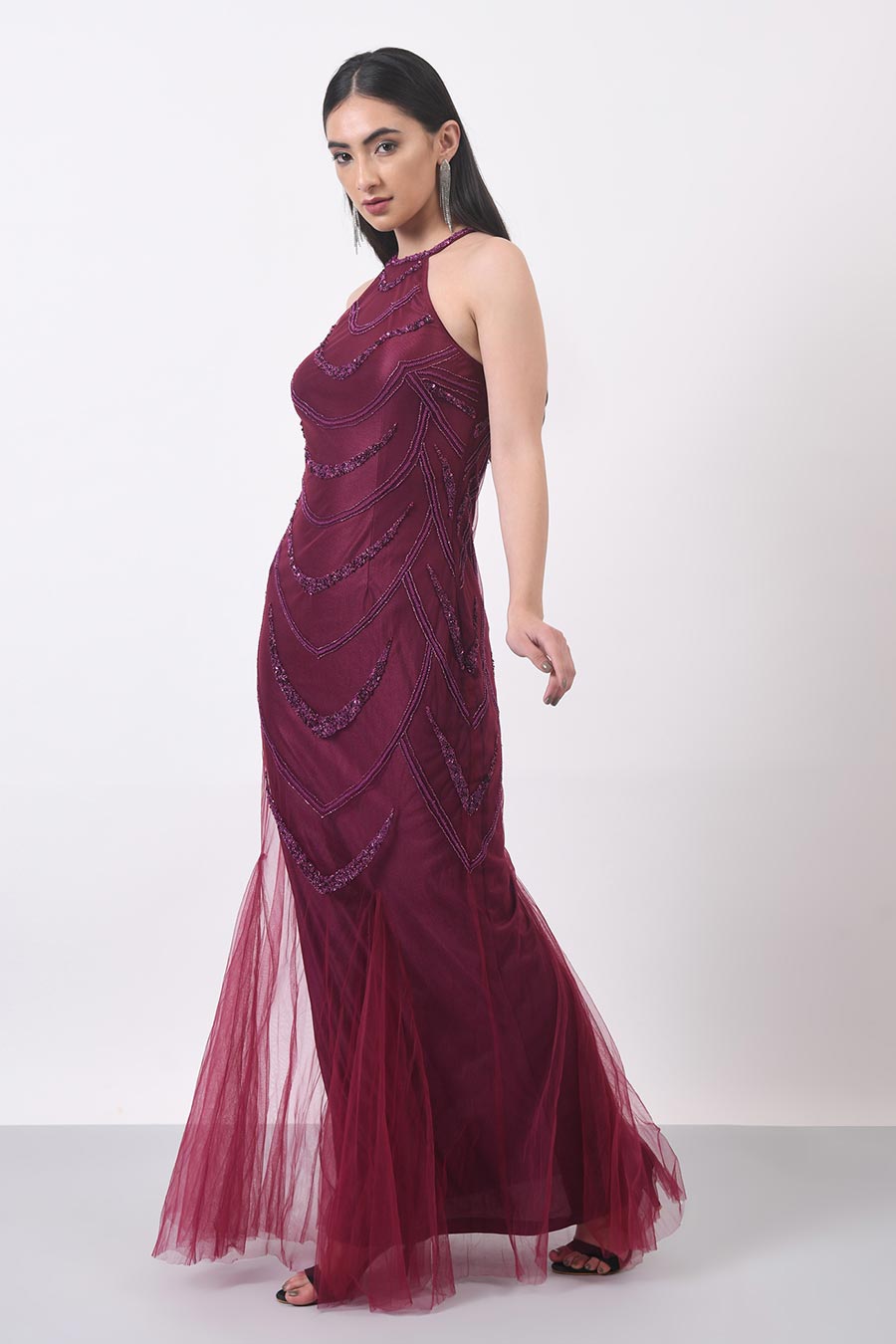Wine Embellished Gown Dress