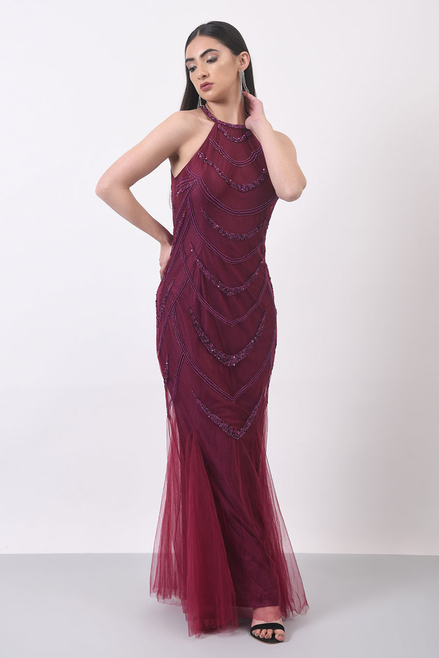 Wine Embellished Gown Dress