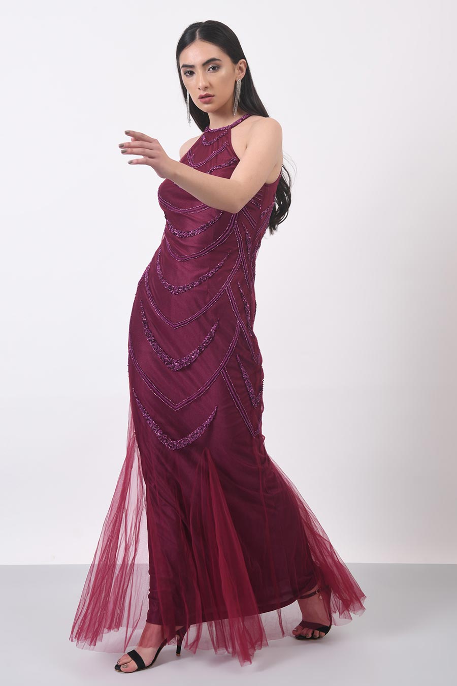 Wine Embellished Gown Dress