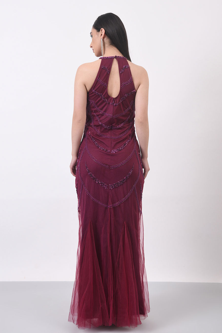 Wine Embellished Gown Dress