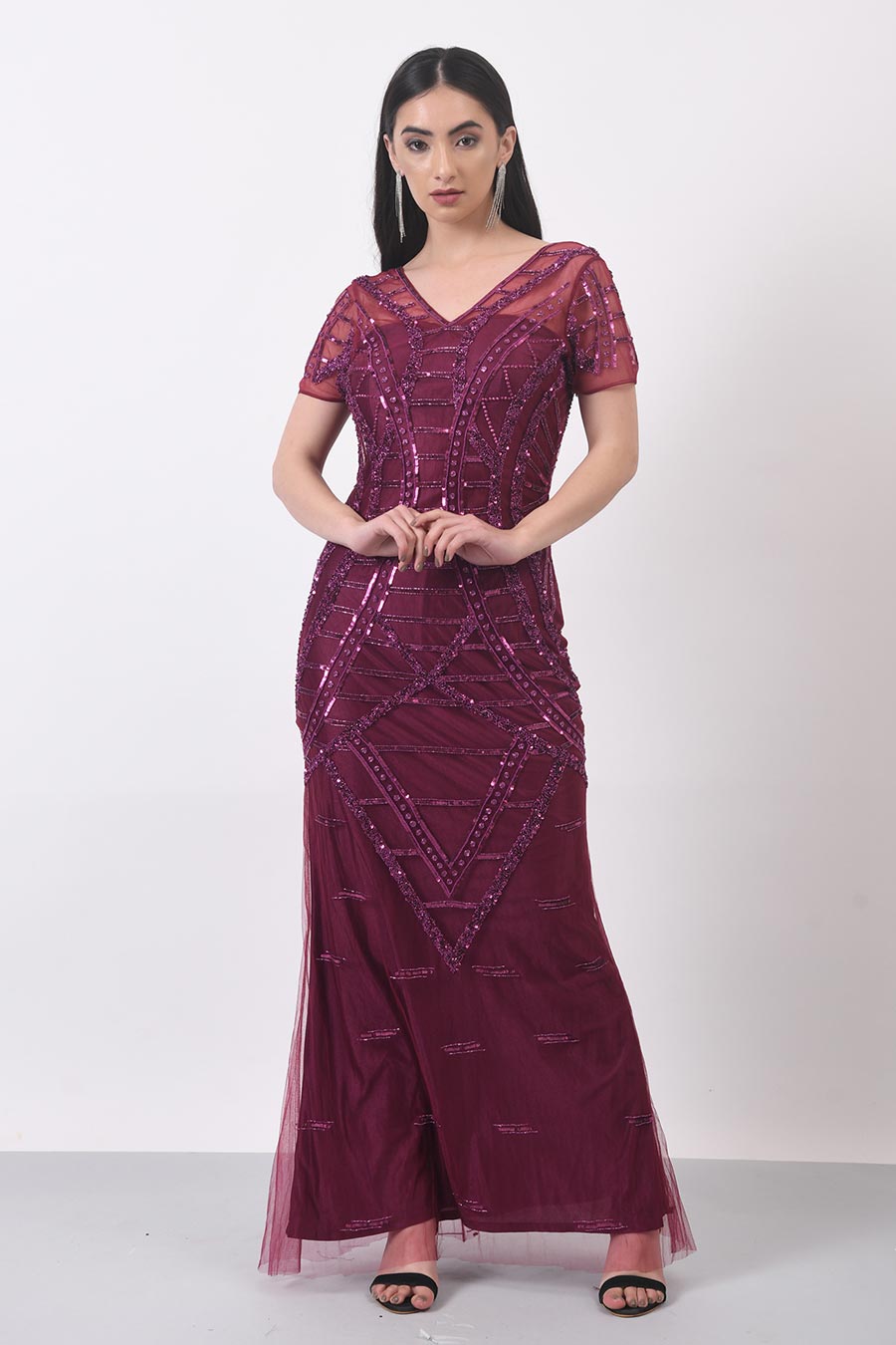 Wine Embellished Gown Dress