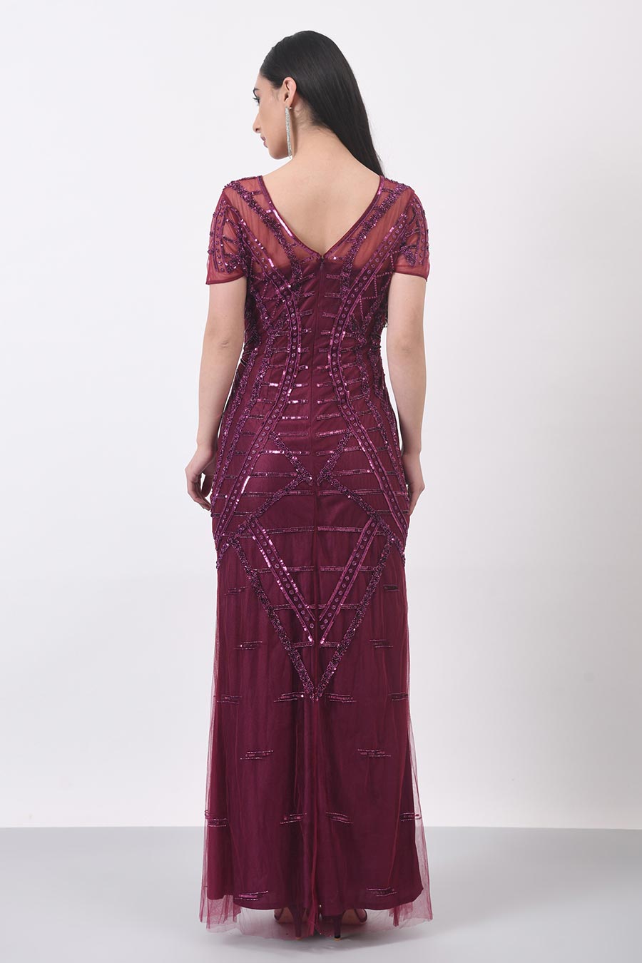 Wine Embellished Gown Dress