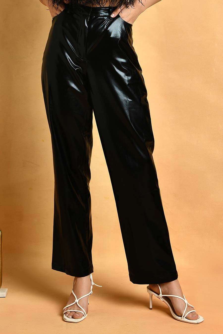 Black Metallic Leather Pants
