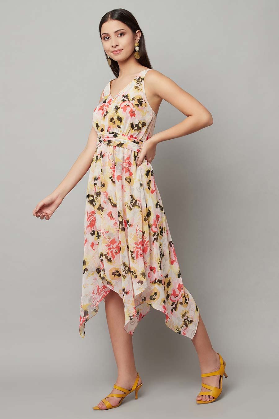 Beige Floral Print Dress