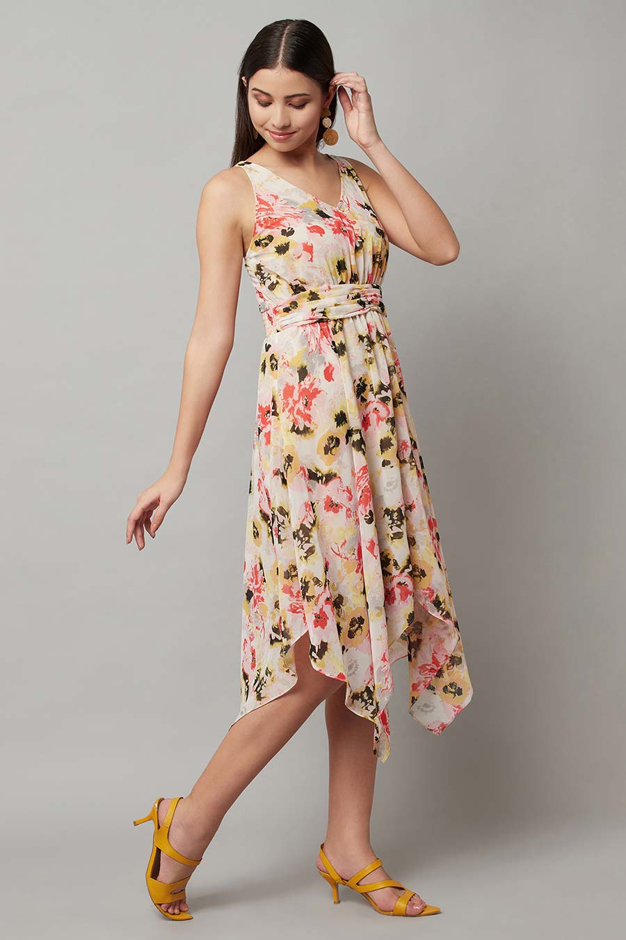 Beige Floral Print Dress