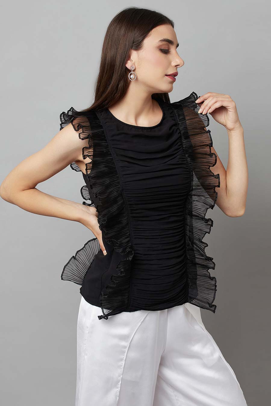 Black Ruffle Ruched Top