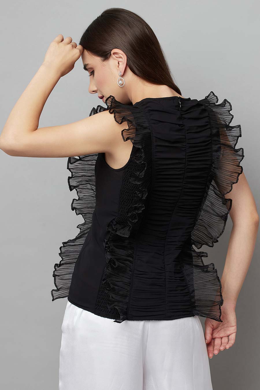 Black Ruffle Ruched Top