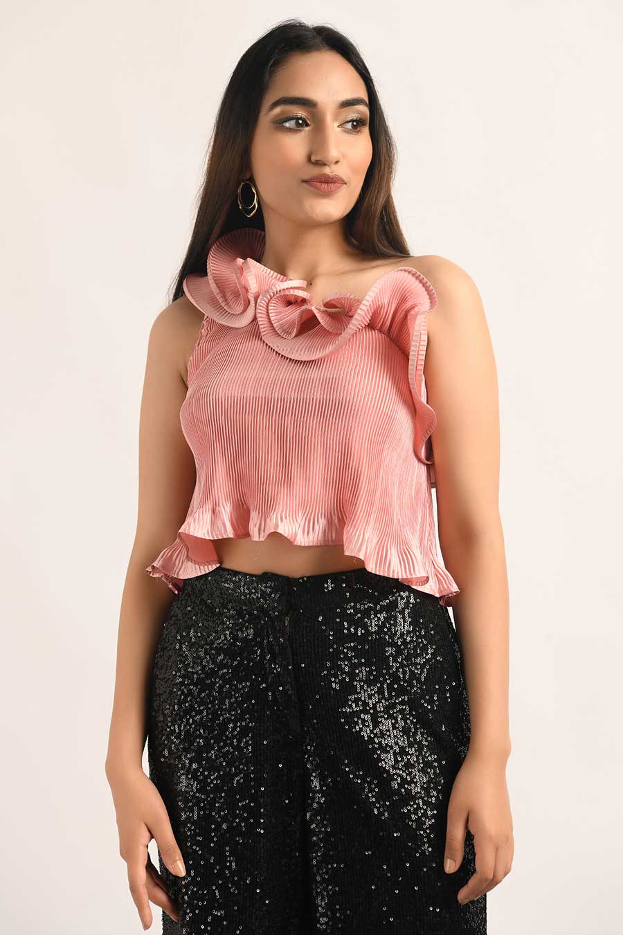 Pink Pleated Ruffle Top