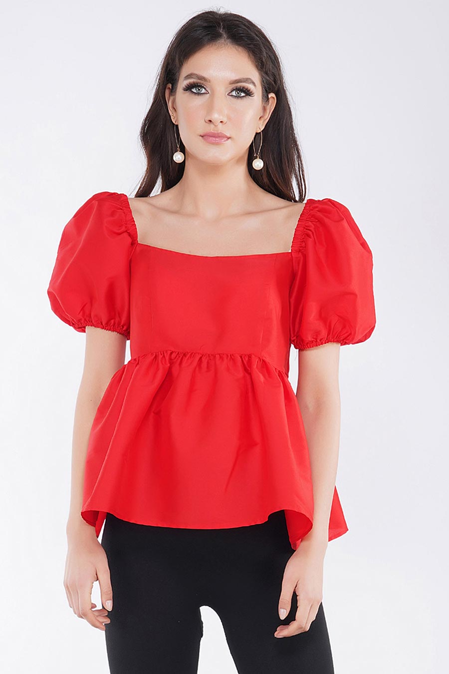 Red 2-Way Balloon Sleeves Top