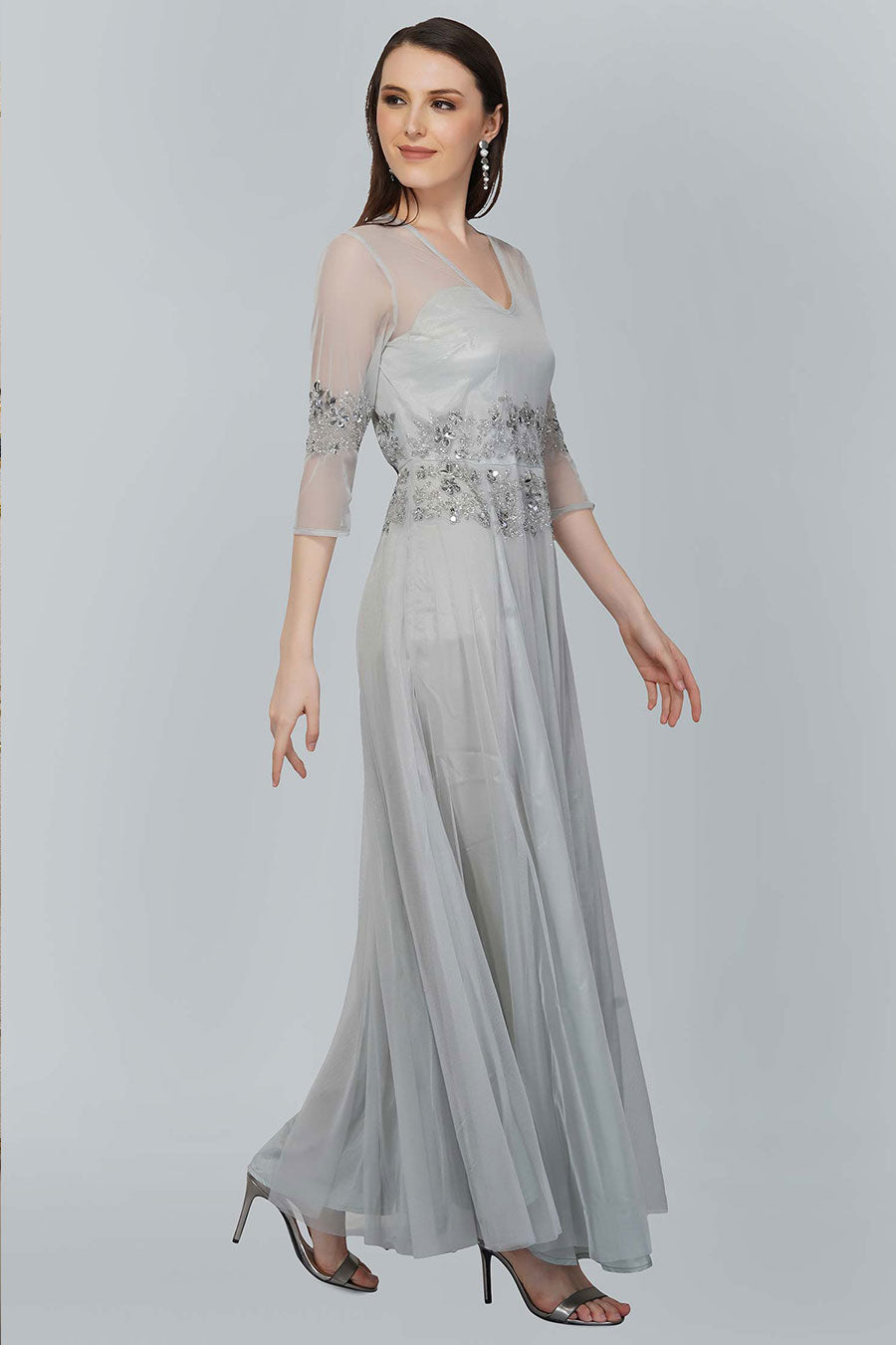 Embellished Silver Grey Gown Dress