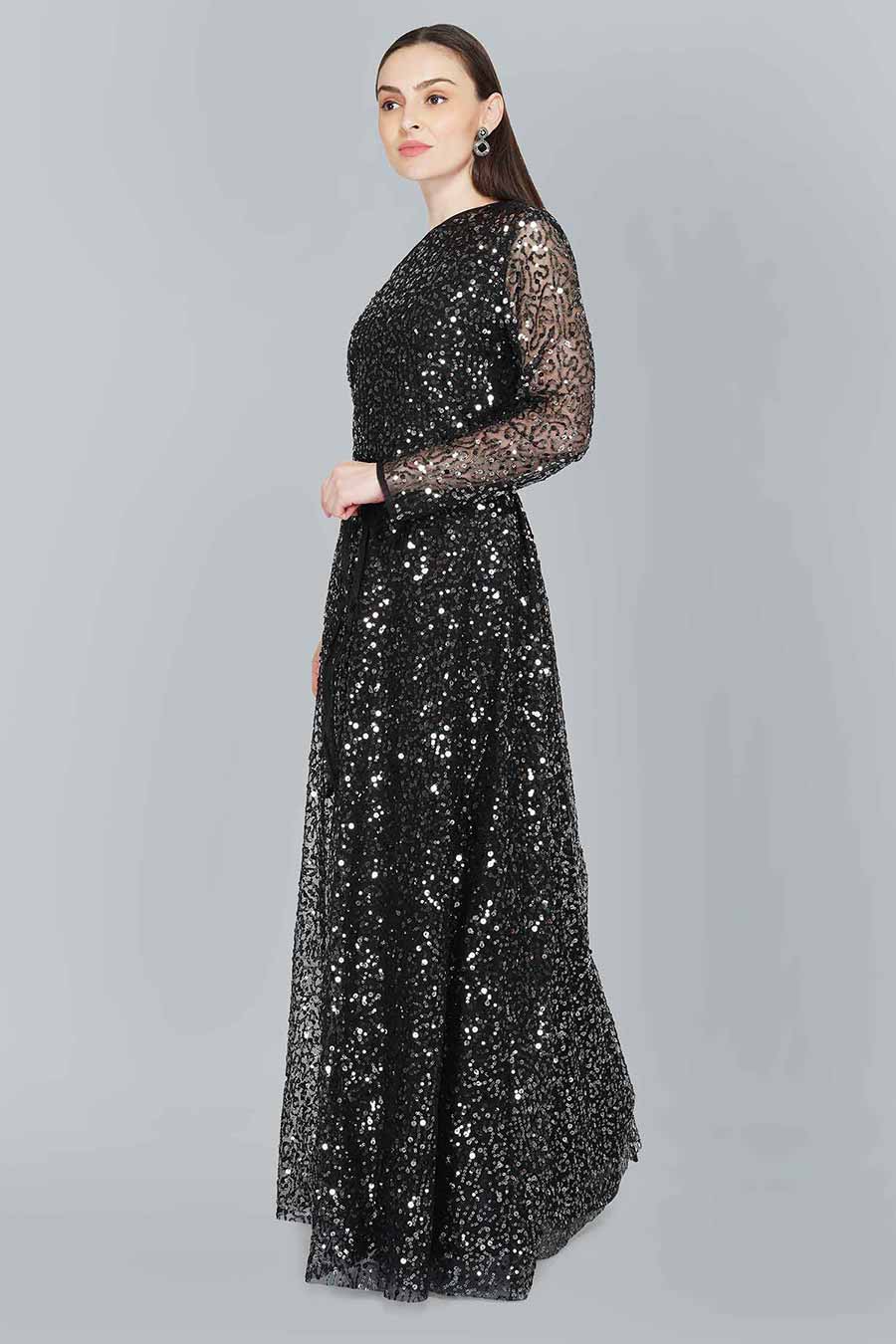 Off Shoulder Black Embellished Gown Dress