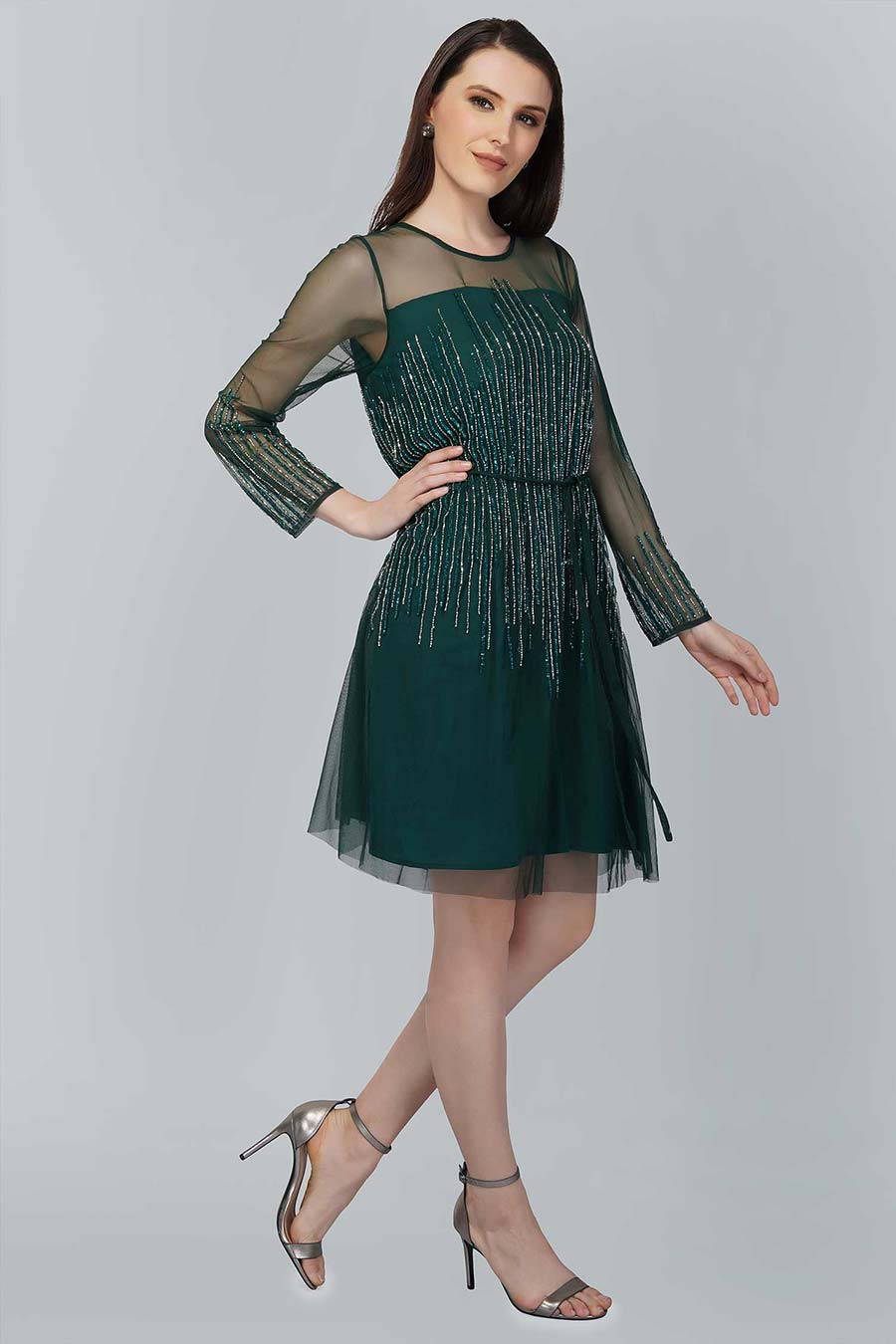 Green Embellished Tulle Short Dress