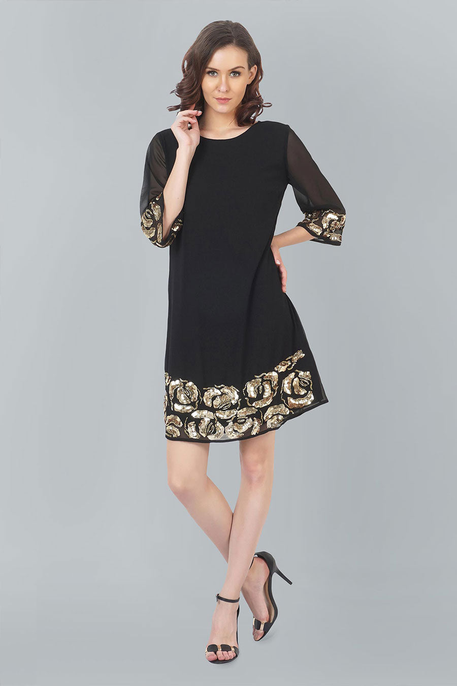 Rose Motif Black Tunic Dress
