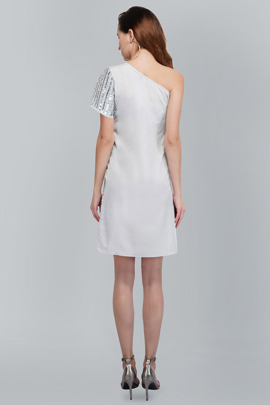 One Shoulder Silver Embellished Dress