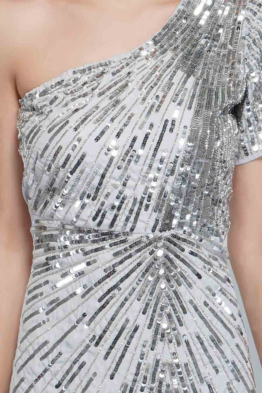 One Shoulder Silver Embellished Dress