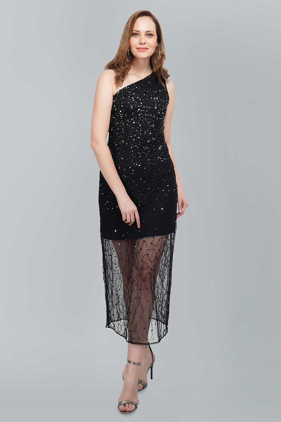 One Shoulder Embellished Black Dress