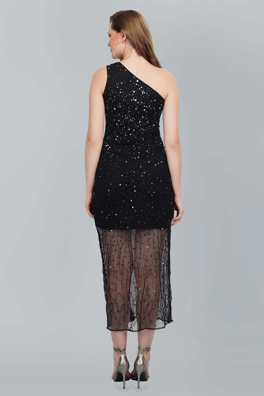 One Shoulder Embellished Black Dress