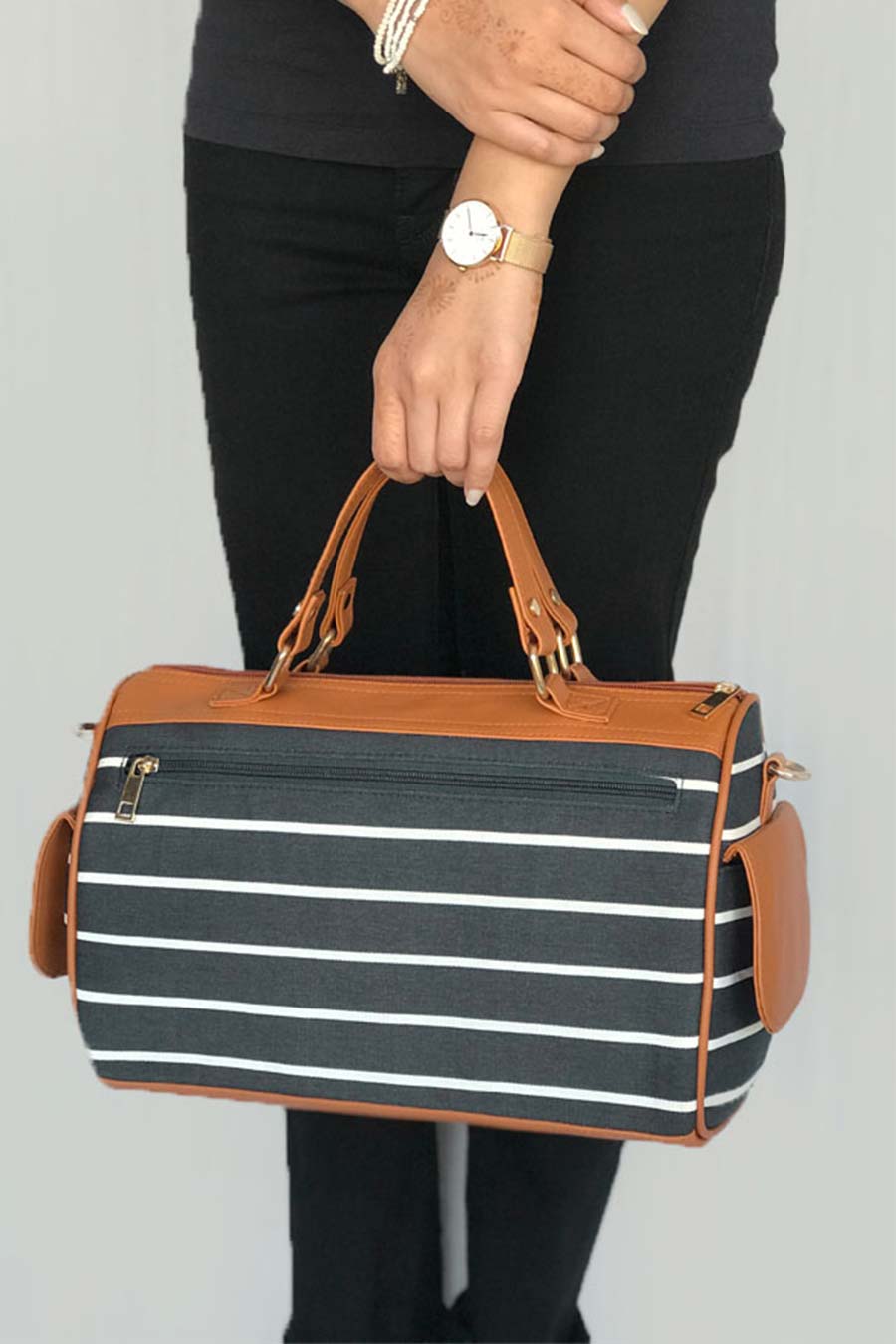 Black Striped Mini Duffle with Side Pockets