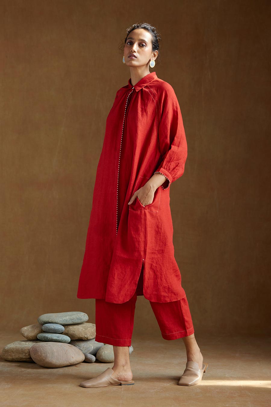 Red Linen Kurta Set