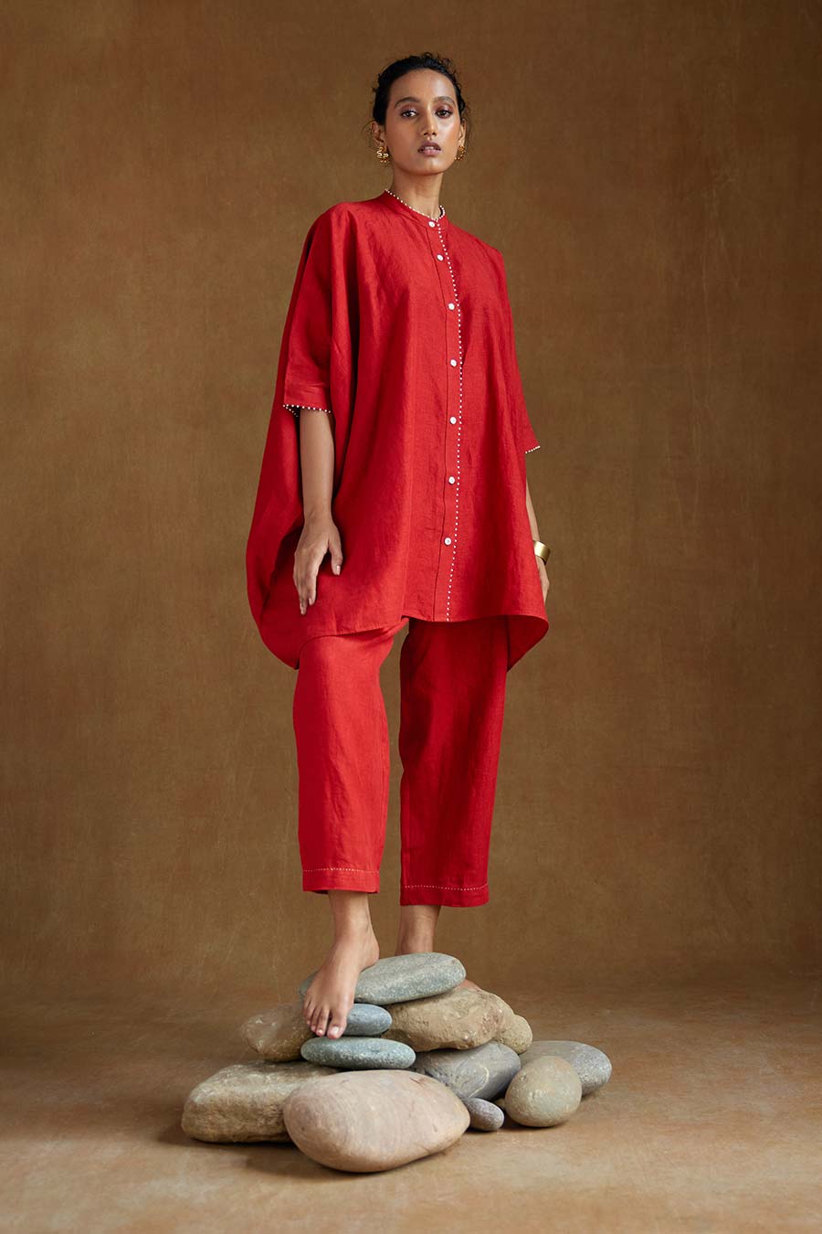 Red Linen Kurta Set