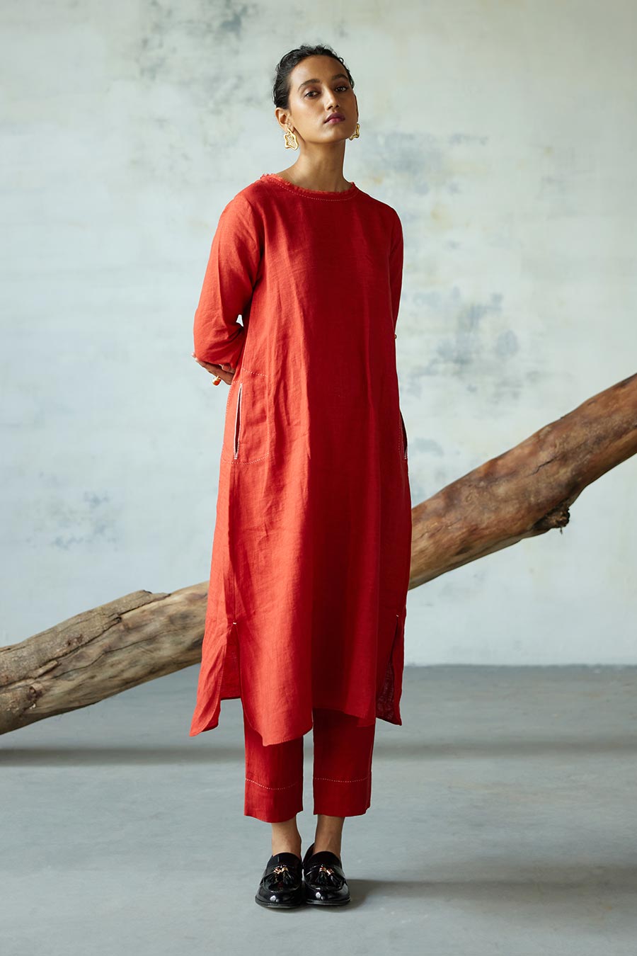 Red Linen Kurta Set