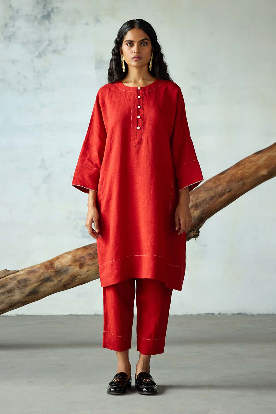 Red Linen Kurta Set