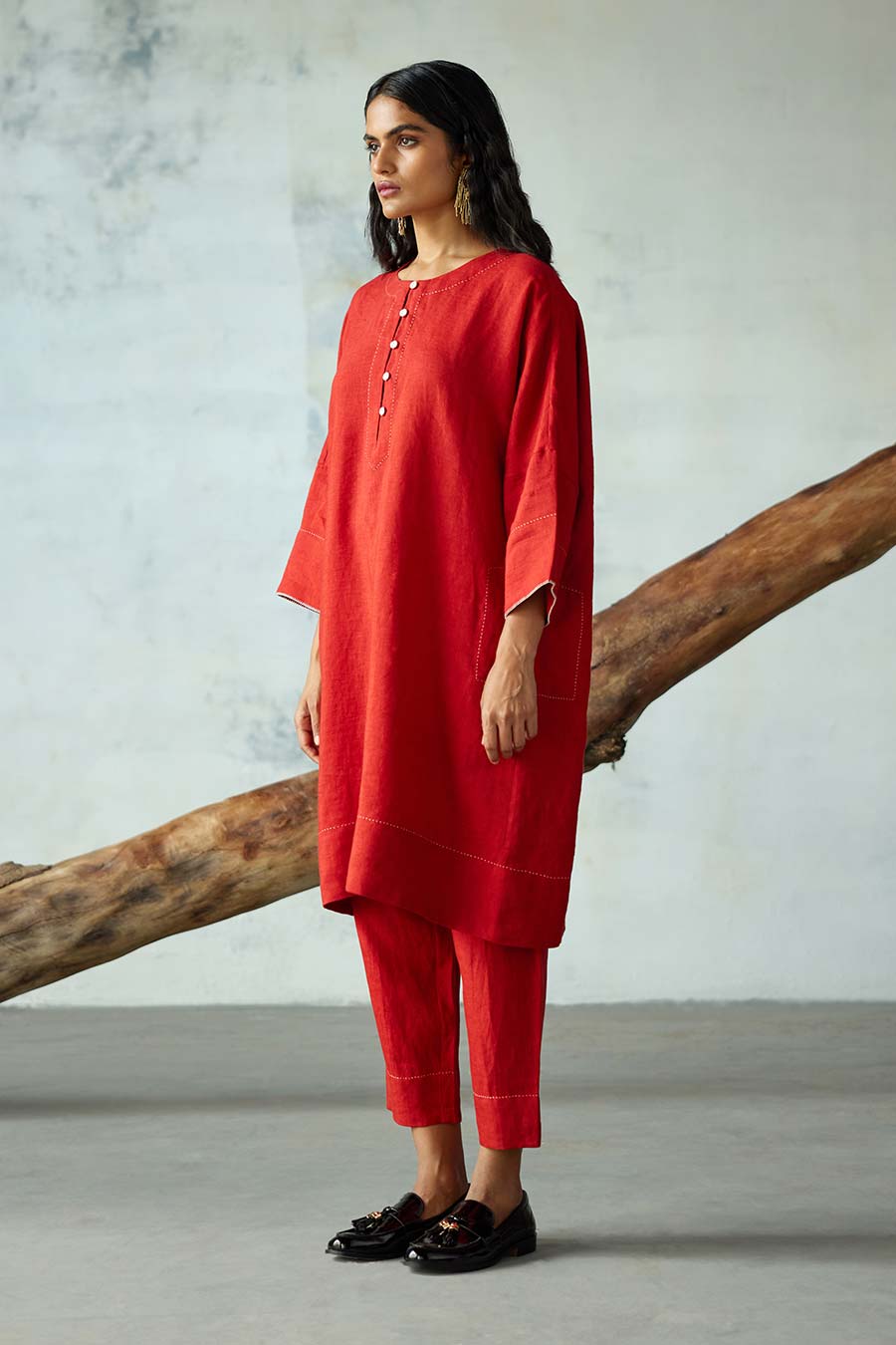 Red Linen Kurta Set