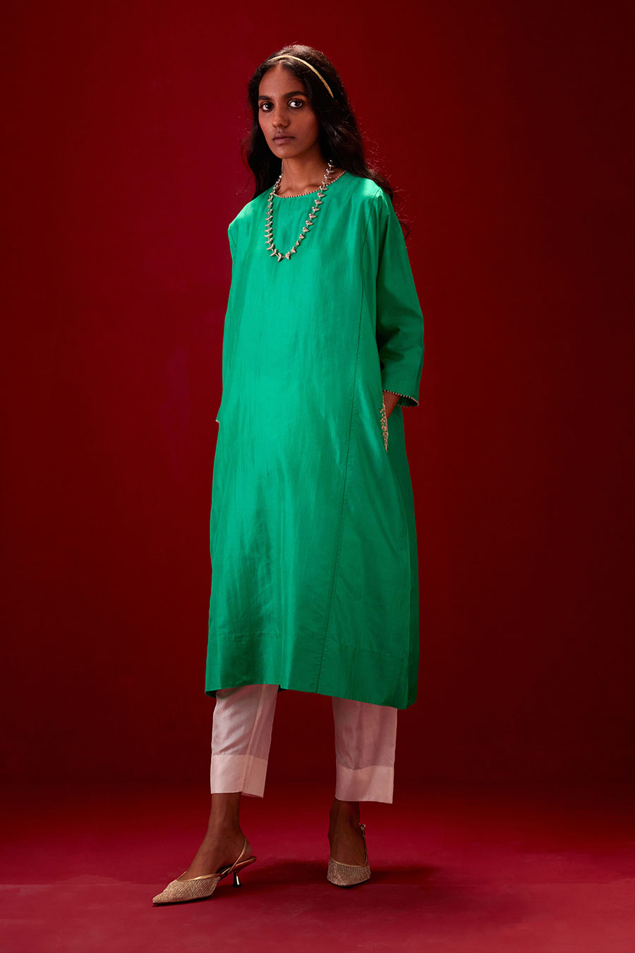 Emerald Green Silk Embroidered Kurta & Pant Set