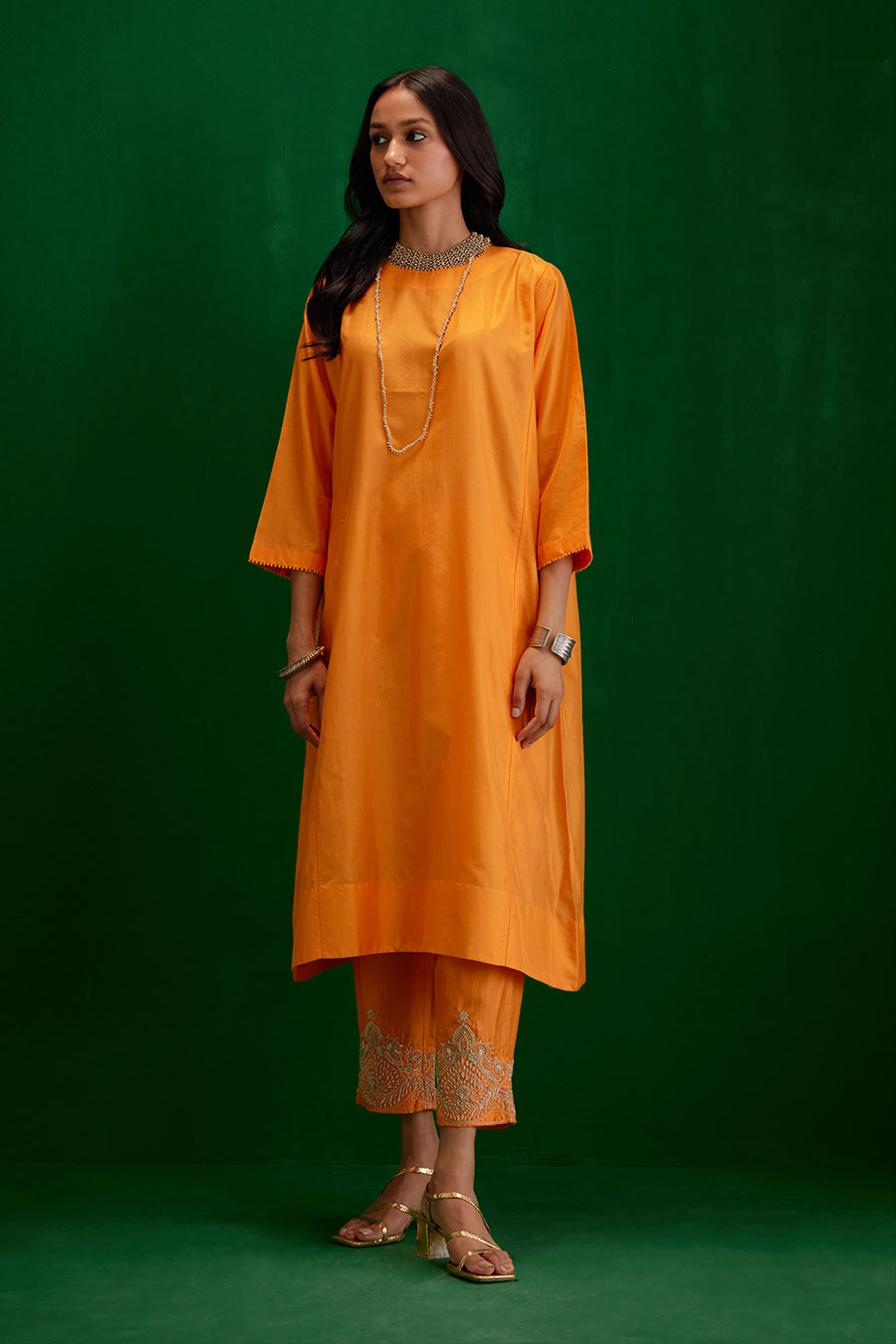 Marigold Silk Embroidered Kurta & Pant Set