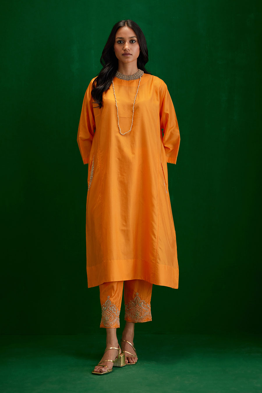 Marigold Silk Embroidered Kurta & Pant Set