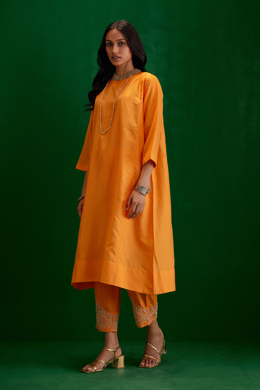 Marigold Silk Embroidered Kurta & Pant Set