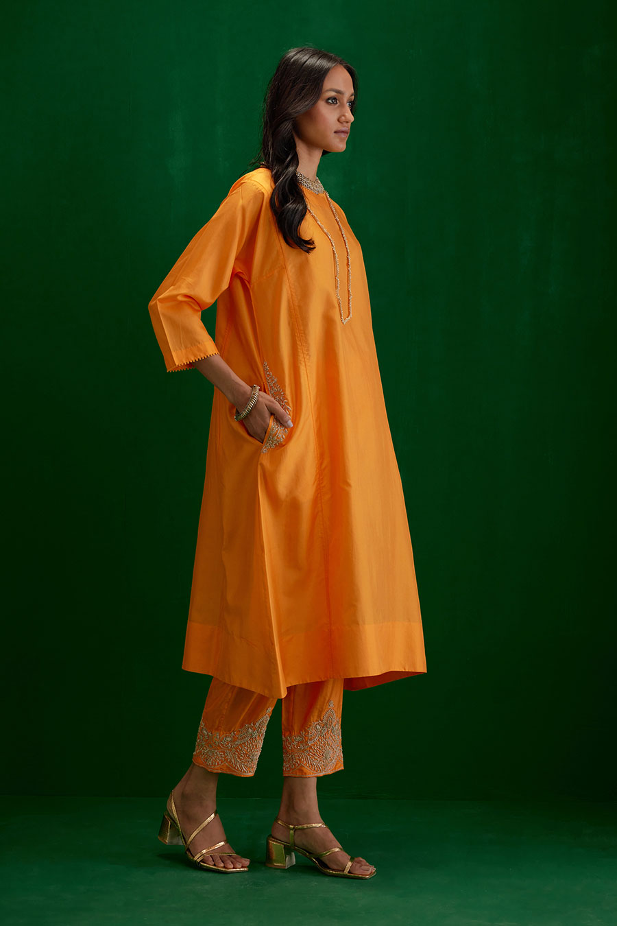 Marigold Silk Embroidered Kurta & Pant Set