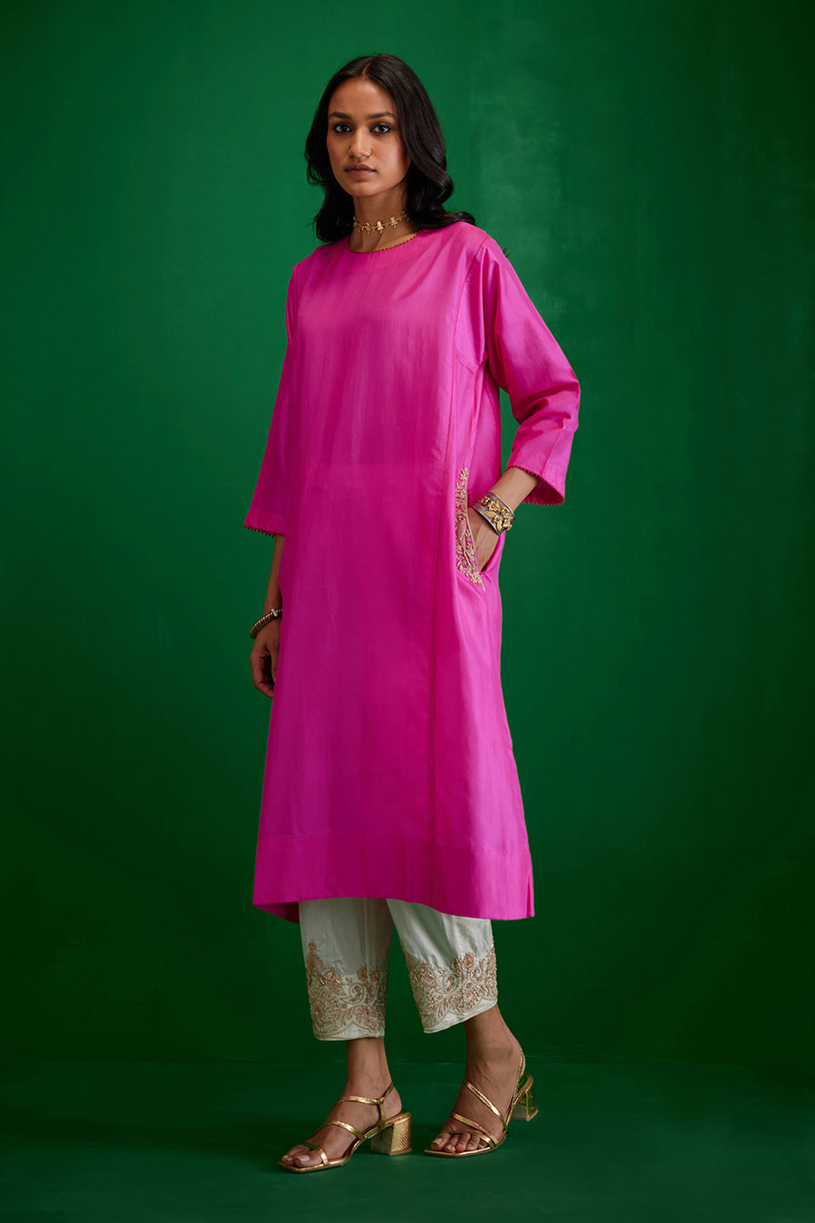 Rose Pink Silk Embroidered Kurta & Pant Set