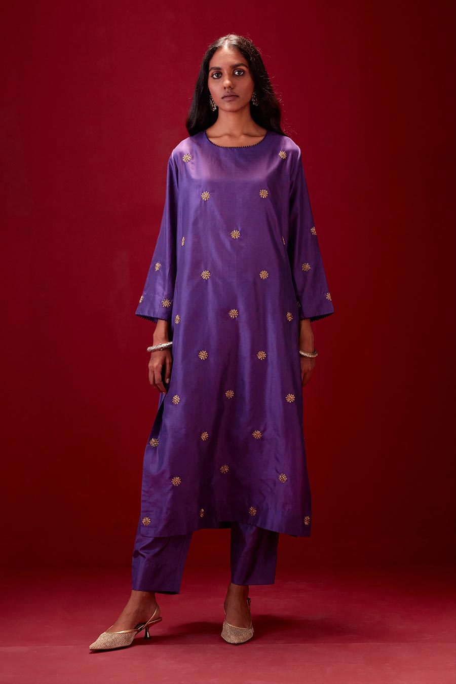 Grape Silk Embroidered Kurta & Pant Set