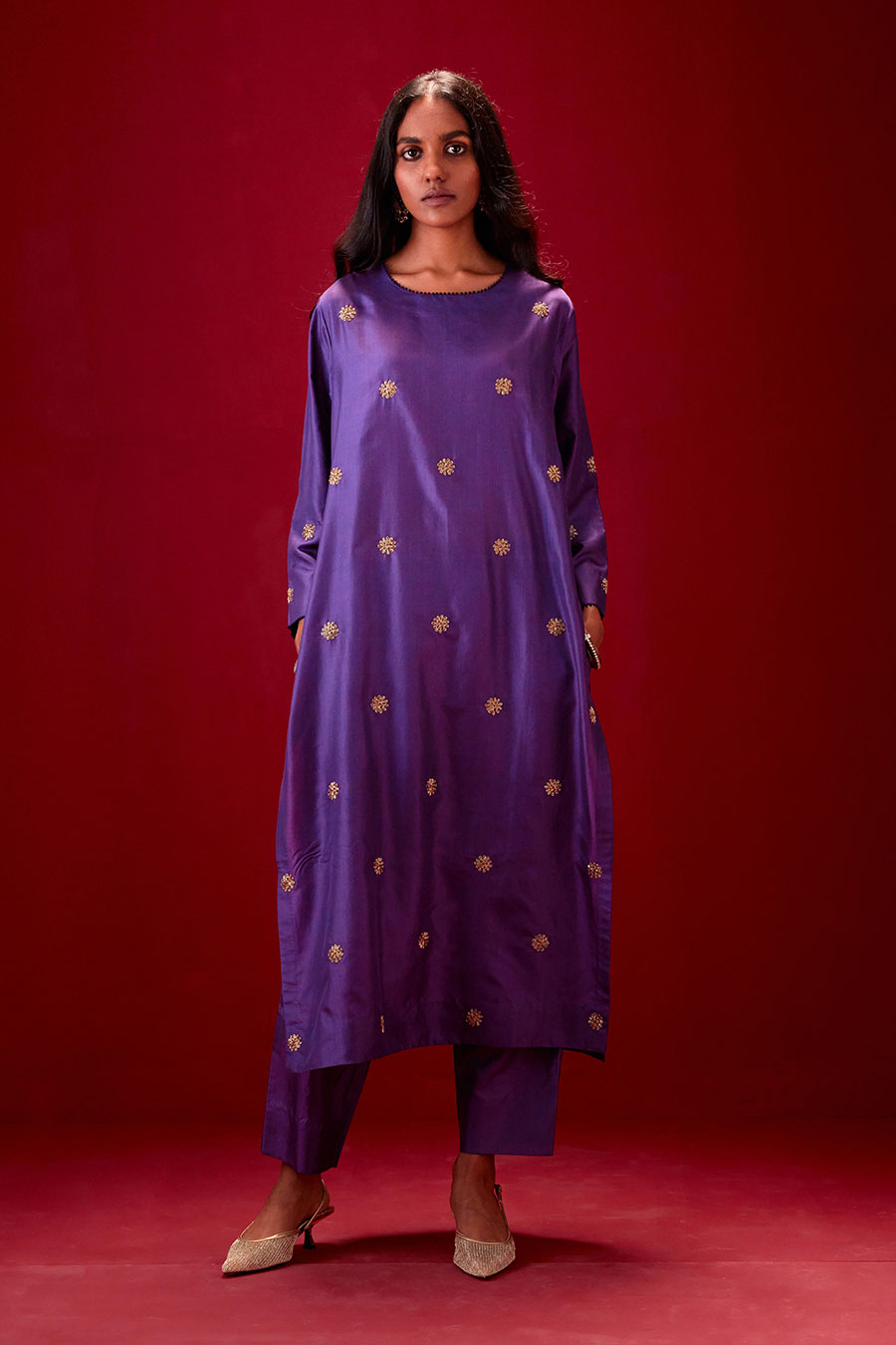 Grape Silk Embroidered Kurta & Pant Set