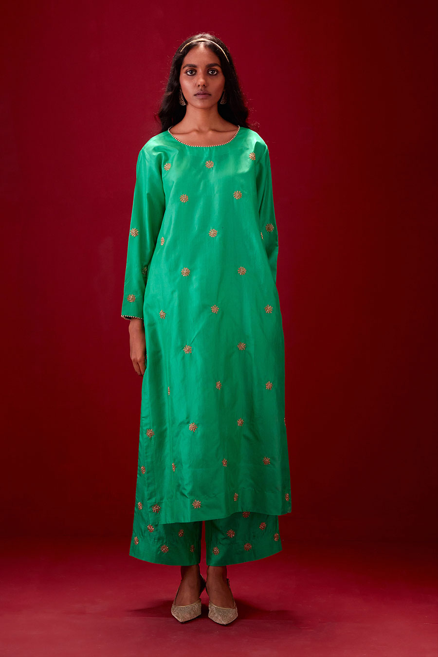 Emerald Green Silk Embroidered Kurta & Pant Set