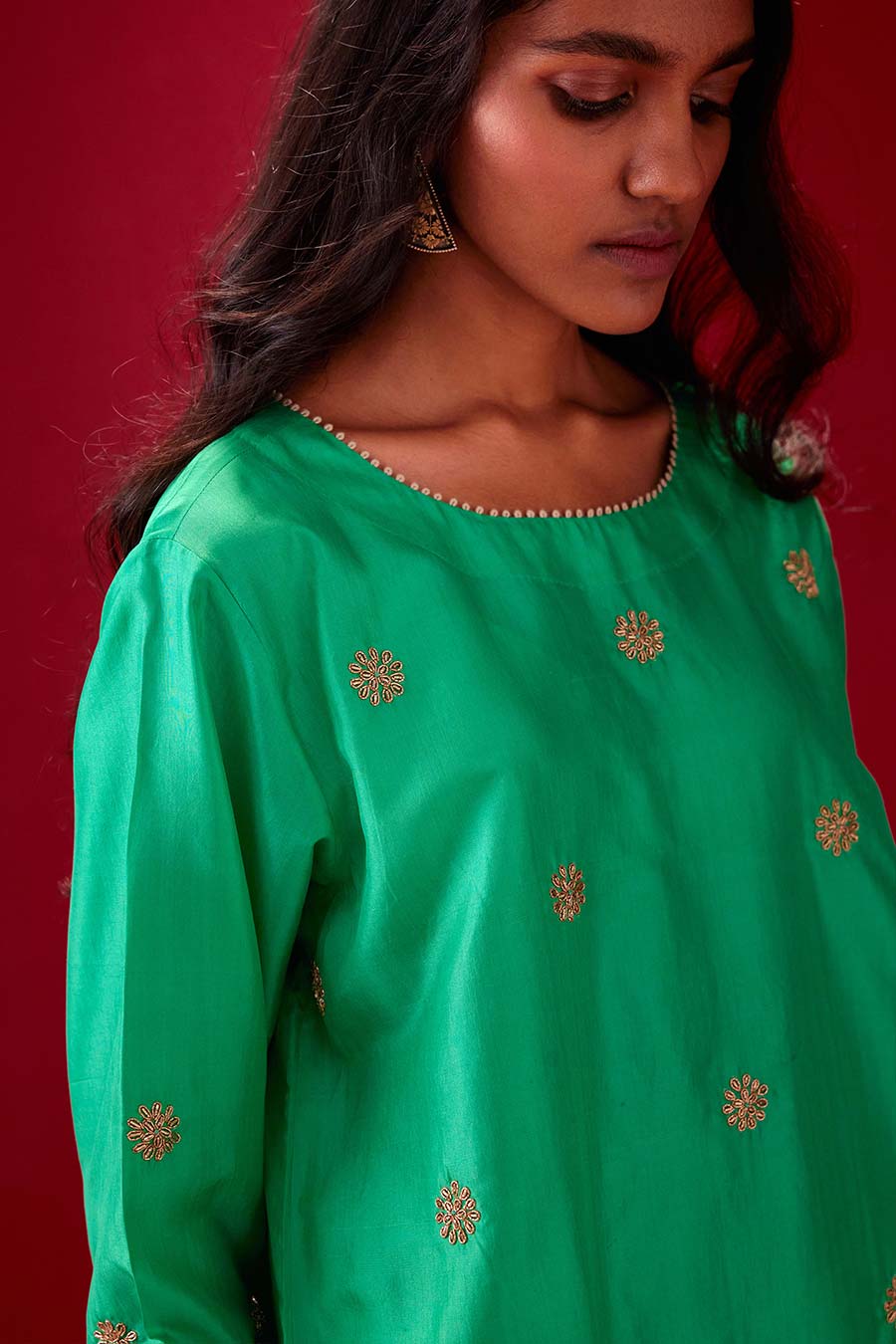 Emerald Green Silk Embroidered Kurta & Pant Set