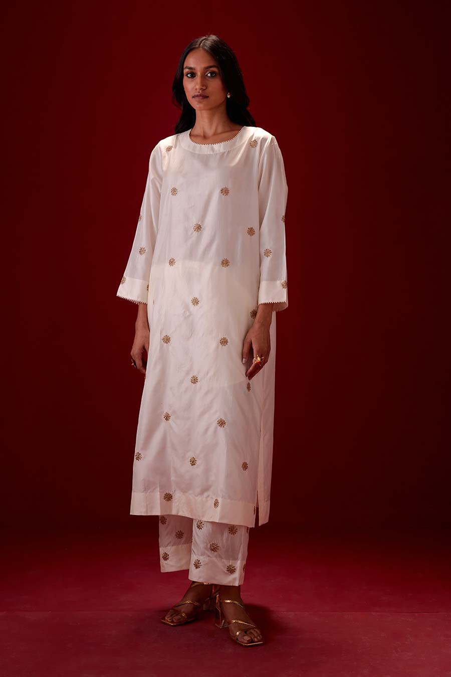 Ivory Silk Embroidered Kurta & Pant Set