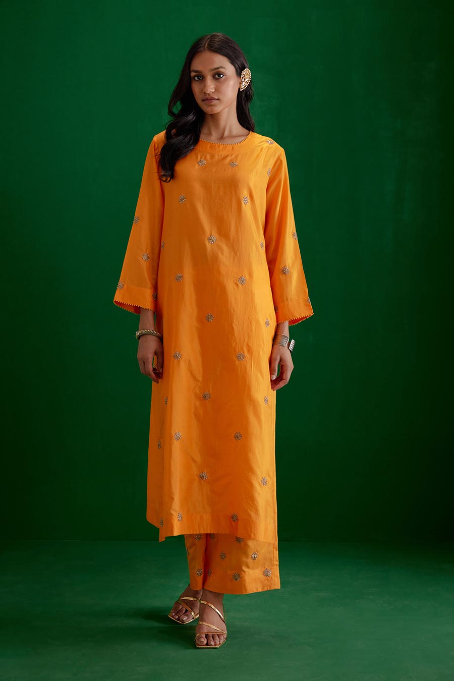 Marigold Silk Embroidered Kurta & Pant Set