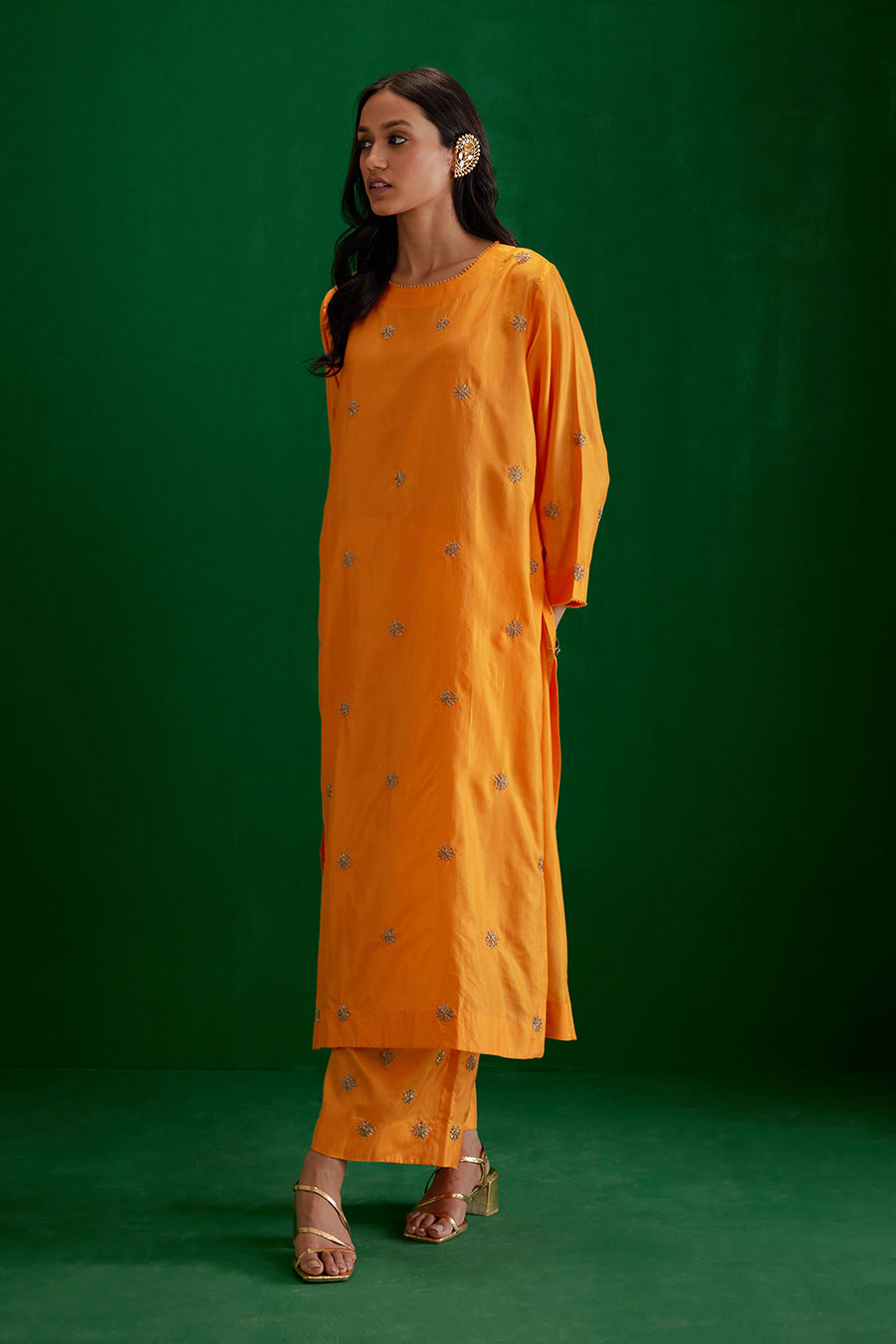 Marigold Silk Embroidered Kurta & Pant Set